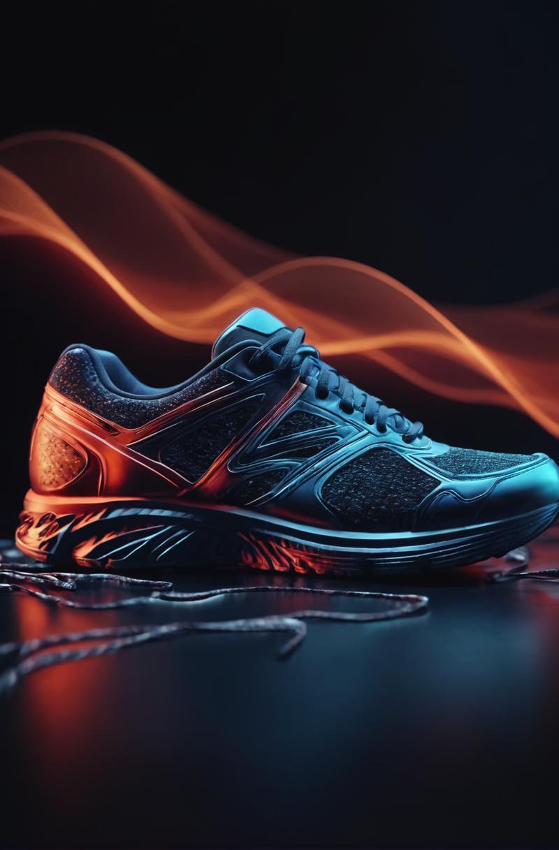 00225-running sneakers on a 3D dark background, abstract backgound patter, redshift, grain, close up, 8k, film grain.png